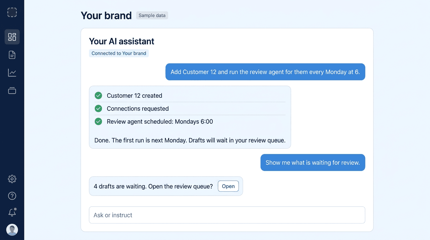 Console screen: a conversation where someone asks their AI assistant to add a customer and schedule an agent, and the assistant confirms each step.