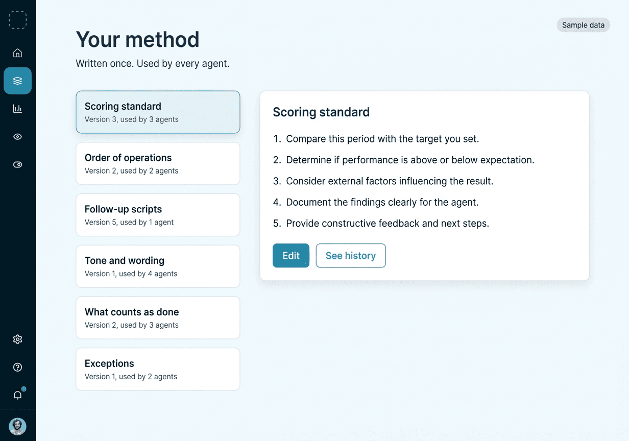 Console screen: a library called Your method, listing a scoring standard, order of operations, follow-up scripts and more, each with a version.